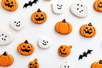 Homemade Halloween cookies on a white background, top view. With Generative AI technology