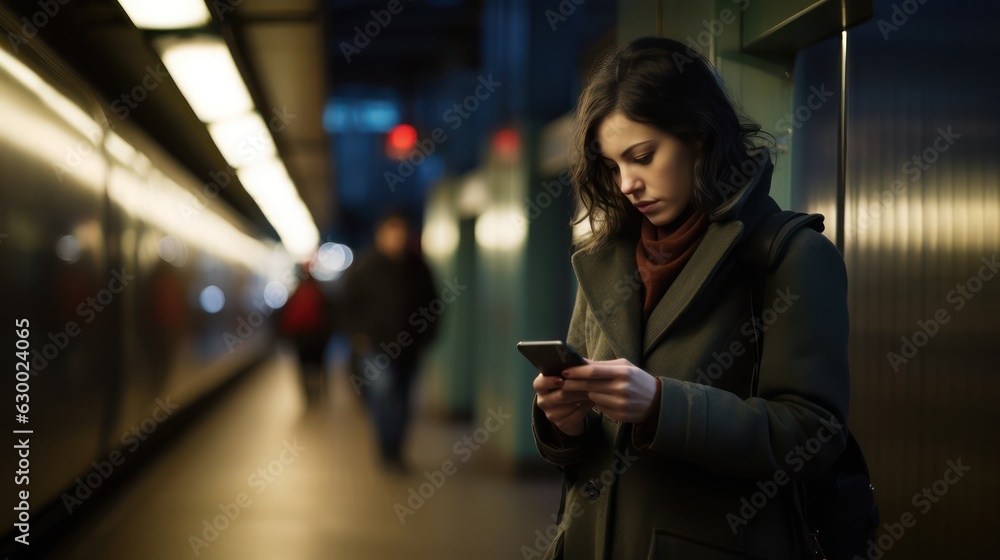 Portrait of a beautiful woman typing message on mobile phone in subway train. Generative Ai.