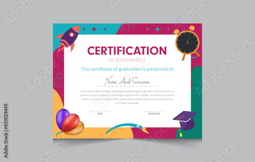 Kindergarten certificate template for kids, fun colorful and illustration with diploma certificate for kids, vector illustration eps 10