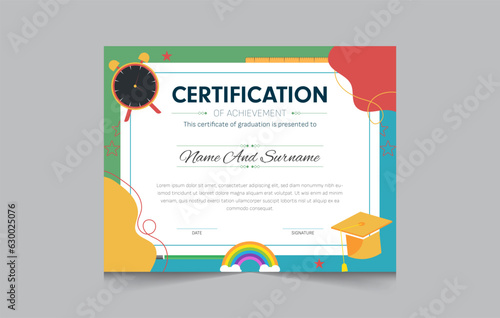 Kindergarten certificate template for kids, fun colorful and illustration with diploma certificate for kids, vector illustration eps 10