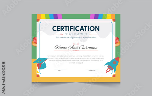Kindergarten certificate template for kids, fun colorful and illustration with diploma certificate for kids, vector illustration eps 10