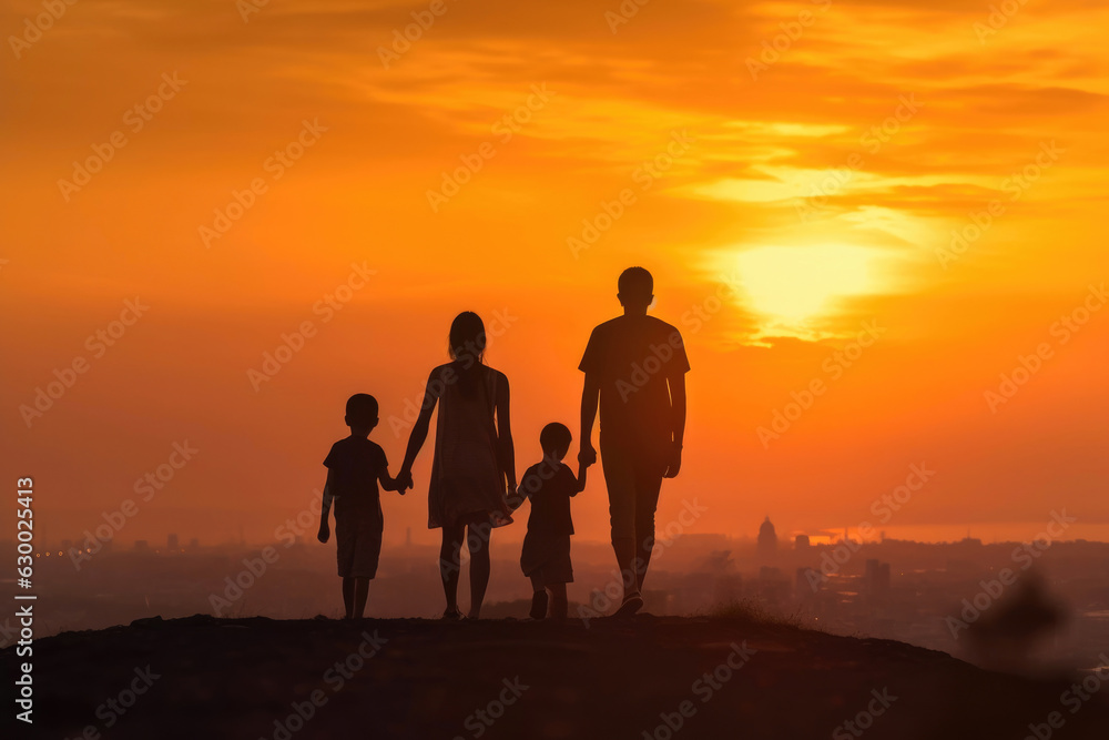Happy Family of Four Enjoying a Scenic Sunset Stroll