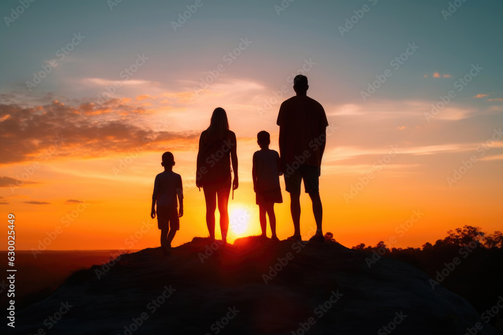 Parents and Children Hiking into the Sunset