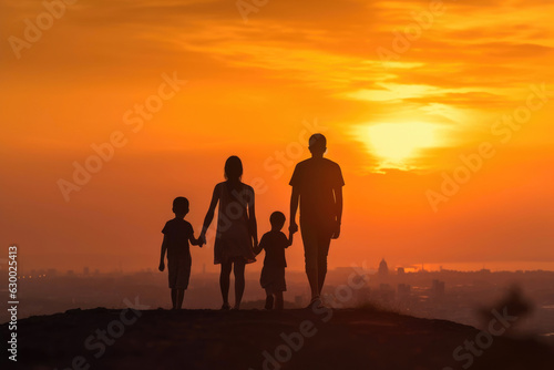 Happy Family of Four Enjoying a Scenic Sunset Stroll