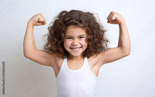 A little muscular strong child shows her biceps, isolated on white background