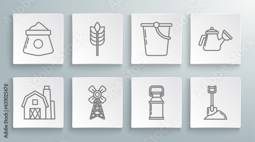Set line Farm House concept, Cereals with rice, wheat, corn, oats, rye, Windmill, Can container for milk, Shovel the ground, Bucket, Watering can and Bag of flour icon. Vector