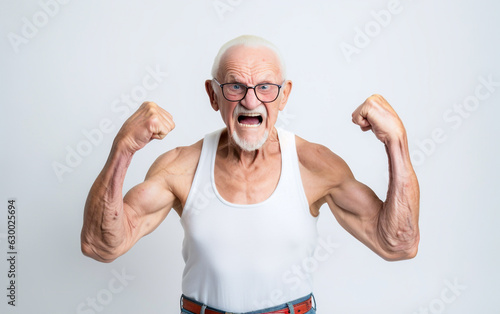 An elderly muscular strong man shows his bicepss, isolated on white background