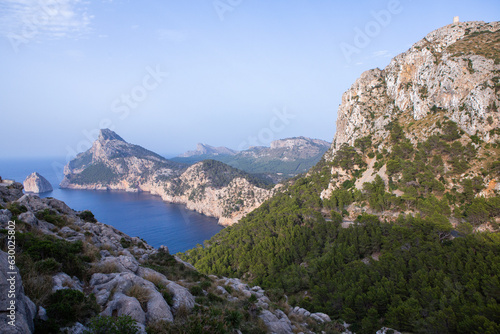 Hiking holidays Mallorca, Spain. Beautiful picture with landscape of Serra de Tramuntana mountains in the island of Majorca in Mediterranean sea. Paradise for bikers. Adventure travel.