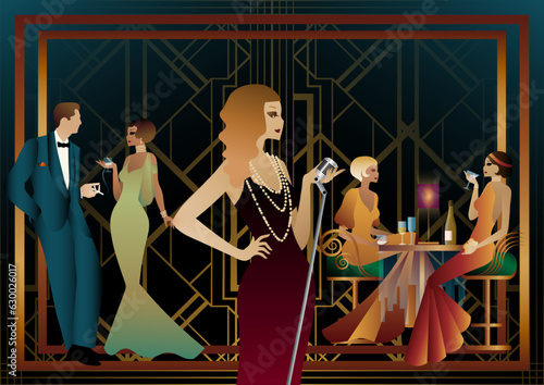 Sexy young girl singer singing with silver retro microphone on dark background. art deco party