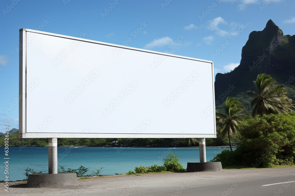 Blank billboard against a stunning beach backdrop. Perfect canvas for diverse advertisements. Blank billboard against a stunning beach backdrop. Perfect canvas for diverse advertisements.