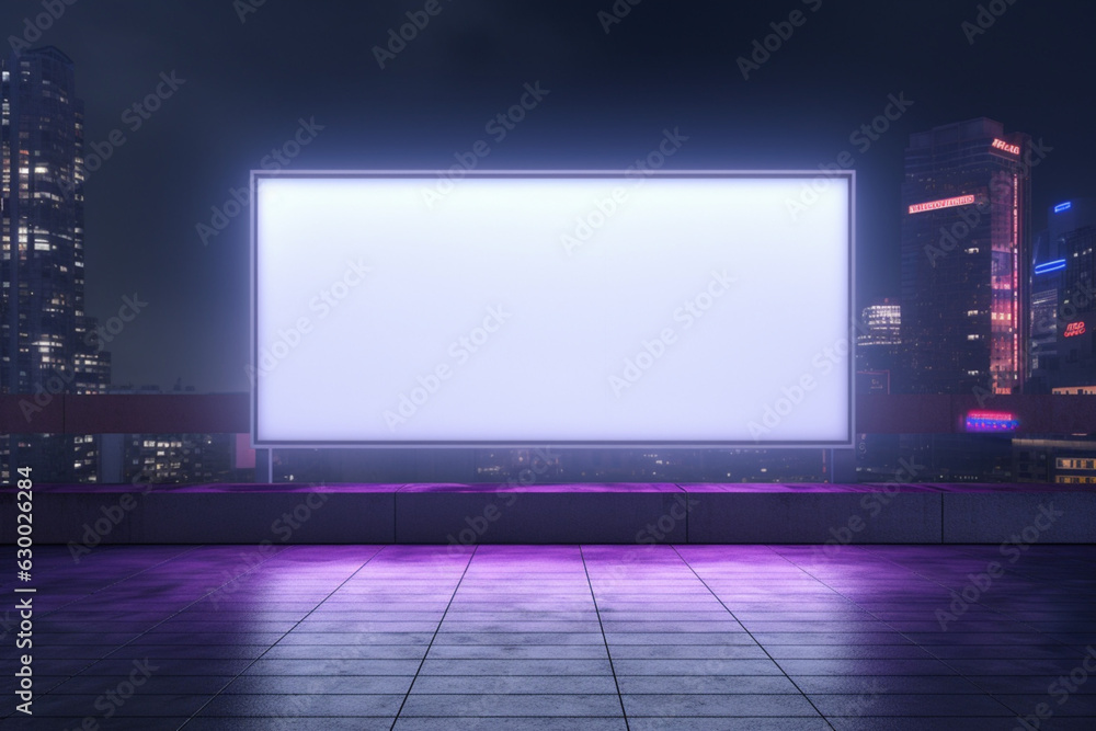 Blank billboard set against a neon-lit cyberpunk backdrop. Ideal for dynamic futuristic ads. - obrazy, fototapety, plakaty 