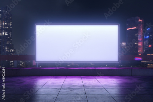 Blank billboard set against a neon-lit cyberpunk backdrop. Ideal for dynamic futuristic ads. photo