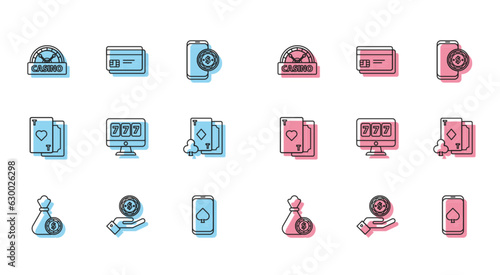 Set line Money bag and casino chips, Hand holding, Casino signboard, Online poker table game, slot machine with lucky sevens jackpot, Playing card diamonds, heart and Credit icon. Vector