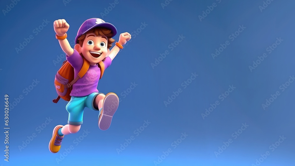 Jumping boy with hat and backpack on pastel background