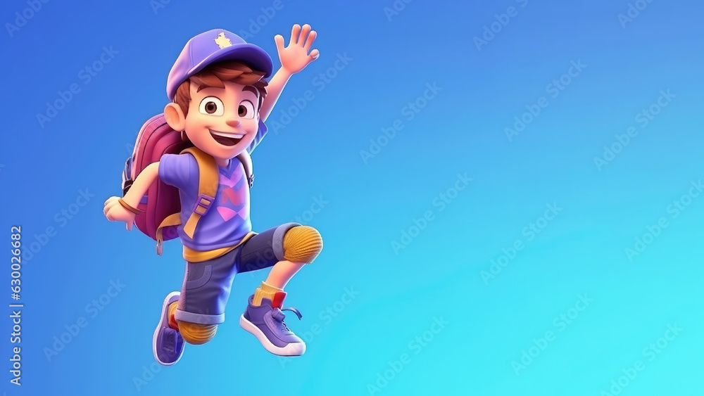 Jumping boy with hat and backpack on pastel background Jumping boy with hat and backpack on pastel background