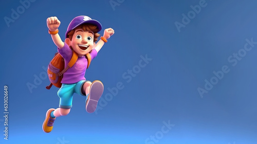 Jumping boy with hat and backpack on pastel background © pariketan