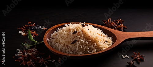 uncooked Surti Kolam rice with a wooden spoon on a black background. There is empty space for text photo