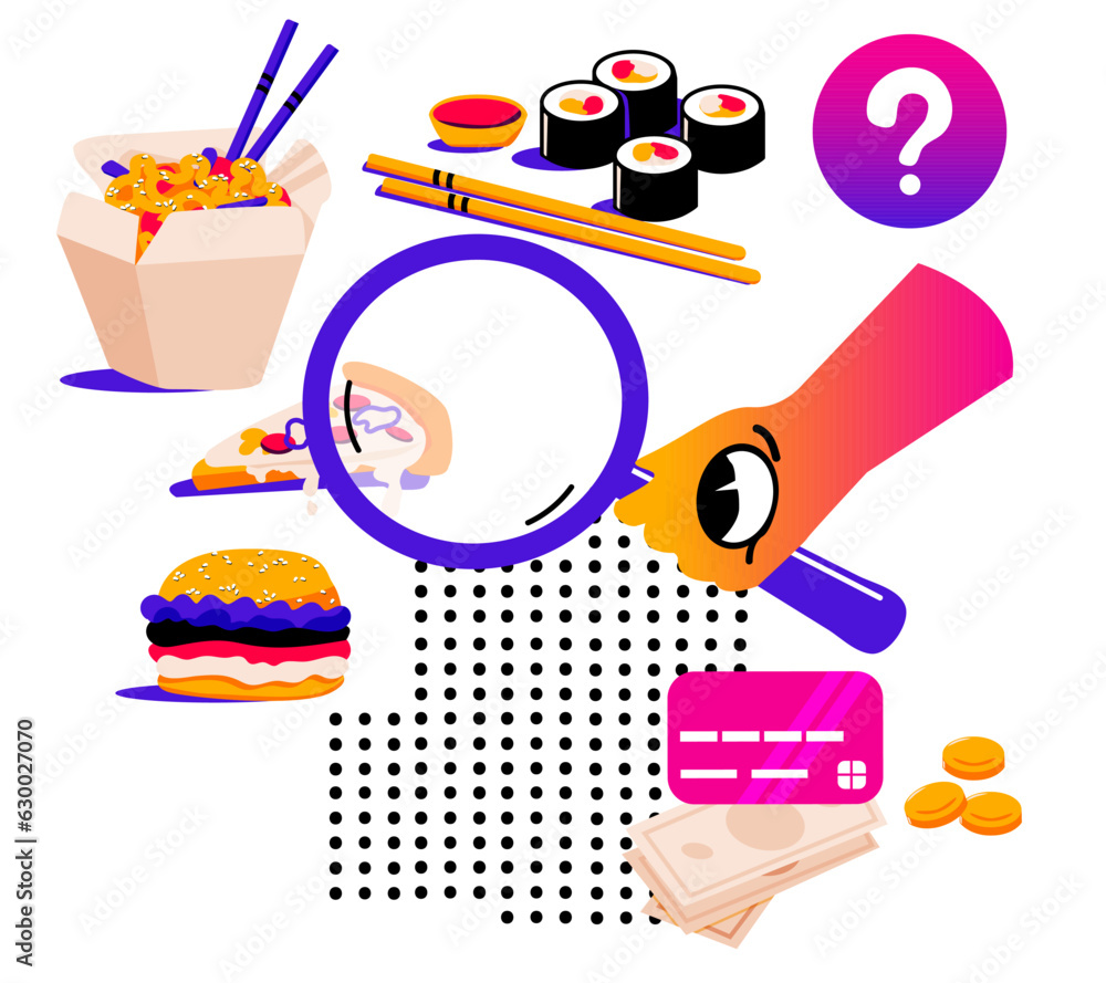 Search meal online. Doodles. Ordering food, paying for purchase with credit card on the website. Sushi rolls with chopsticks and soy sauce. Noodles wok, burger and pizza. Abstract geometric elements.