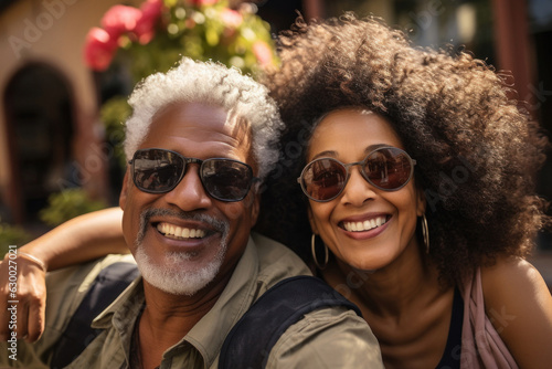 Biracial elderly man and woman, holding hands and smiling at the camera, showcase the beauty of their lifelong companionship and love. Fictional people. Generated Ai © ABCreative