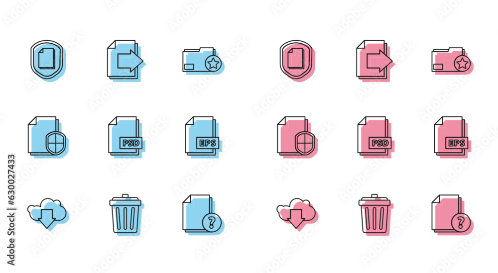 Set line Cloud download, Trash can, Document protection concept, Unknown document, PSD file, EPS, and Next page arrow icon. Vector