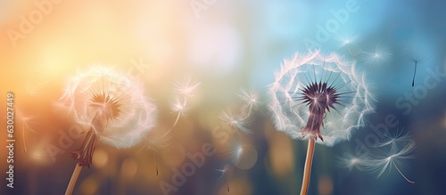 A soft-focus  natural pastel background featuring a Morpho butterfly and a dandelion. The image showcases