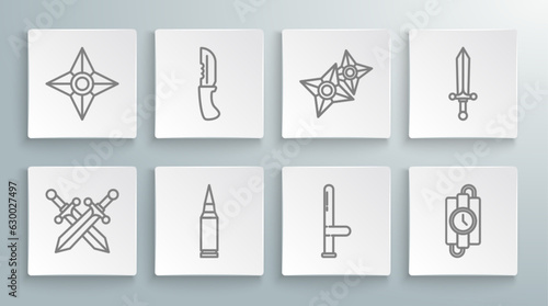 Set line Crossed medieval sword, Military knife, Bullet, Police rubber baton, dynamite stick and timer clock, Japanese ninja shuriken, Medieval and icon. Vector