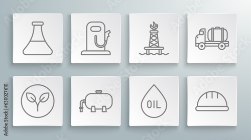 Set line Bio fuel, Petrol or gas station, Oil industrial factory building, drop, Worker safety helmet, rig with fire, Tanker truck and petrol test tube icon. Vector