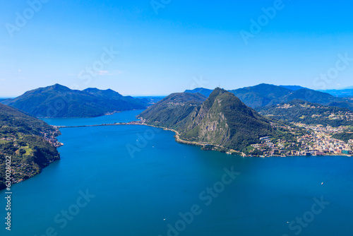 Scenic view of lake Lugano from Monte Bre mountain in Ticino canton, Switzerland photo