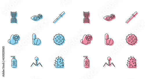 Set line Bottle of liquid antibacterial soap, Bacteria bacteriophage, DNA symbol, Rabies virus, Medicine pill or tablet, Virus, Runny nose and and Reddish eye due to icon. Vector