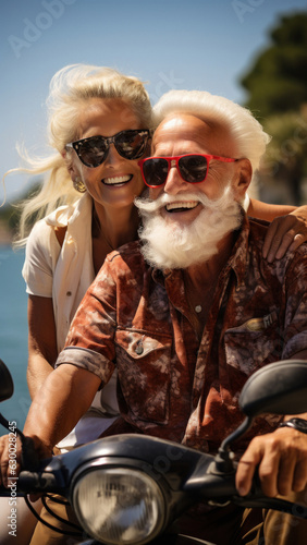 On sunny coastal road, the European elderly couple on a scooter savors the breathtaking sea views, feeling the salty breeze and embracing the freedom of the open road. Fictional people. Generated Ai
