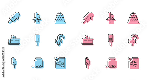 Set line Ice cream, Glass jar with candies inside, Candy packaging for sweets, Christmas candy cane, Piece of cake and Chocolate bar icon. Vector