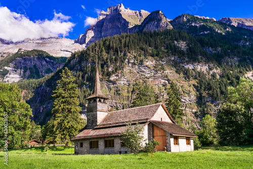 Switzerland scenic places. picturesque Kanderseg village , view of old church surrouded by impressive Alps mountains. Canton of Bern