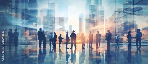 business successful people double exposure with highrise modern city office building business people standing together success agreement and working together,ai generate photo