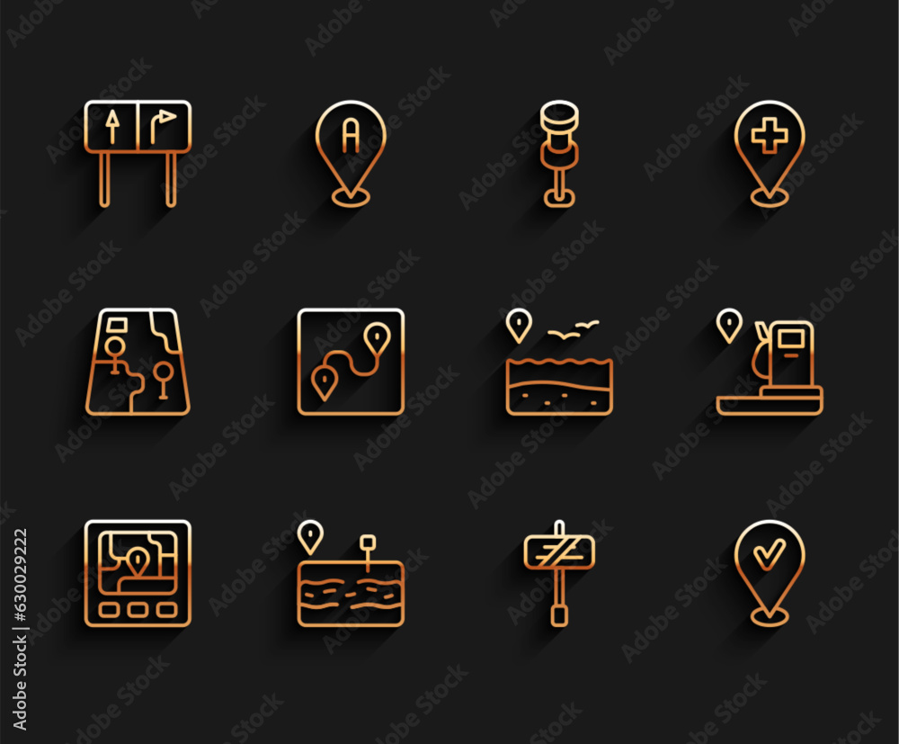 Set line Gps device with map, Broken road, Road traffic sign, Location check mark, Route location, and gas station and beach icon. Vector Set line Gps device with map, Broken road, Road traffic sign, Location check mark, Route location, and gas station and beach icon. Vector