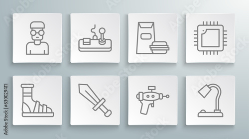 Set line Slippers with socks, Gamepad, Sword for game, Ray gun, Table lamp, Burger, Processor CPU and Nerd geek icon. Vector