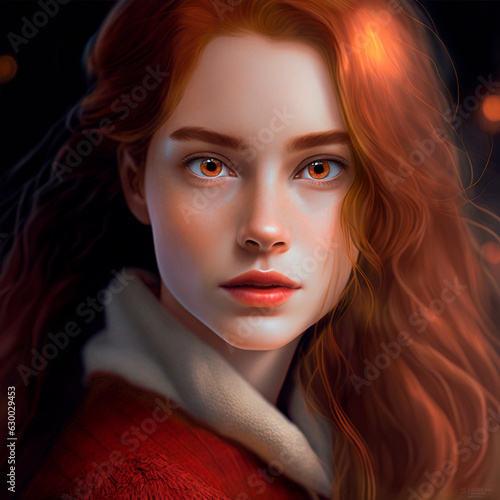 Young female woman with red hair looking at camera, mythical portrait close-up