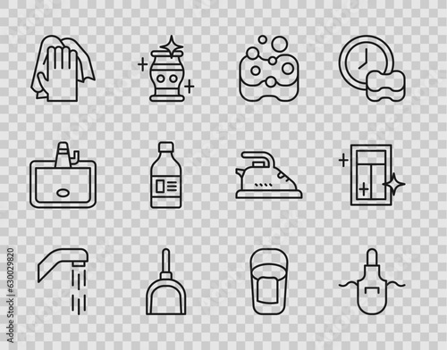 Set line Shower head, Kitchen apron, Sponge, Dustpan, Cleaning service, Bottle for cleaning agent, Bucket with rag and window icon. Vector