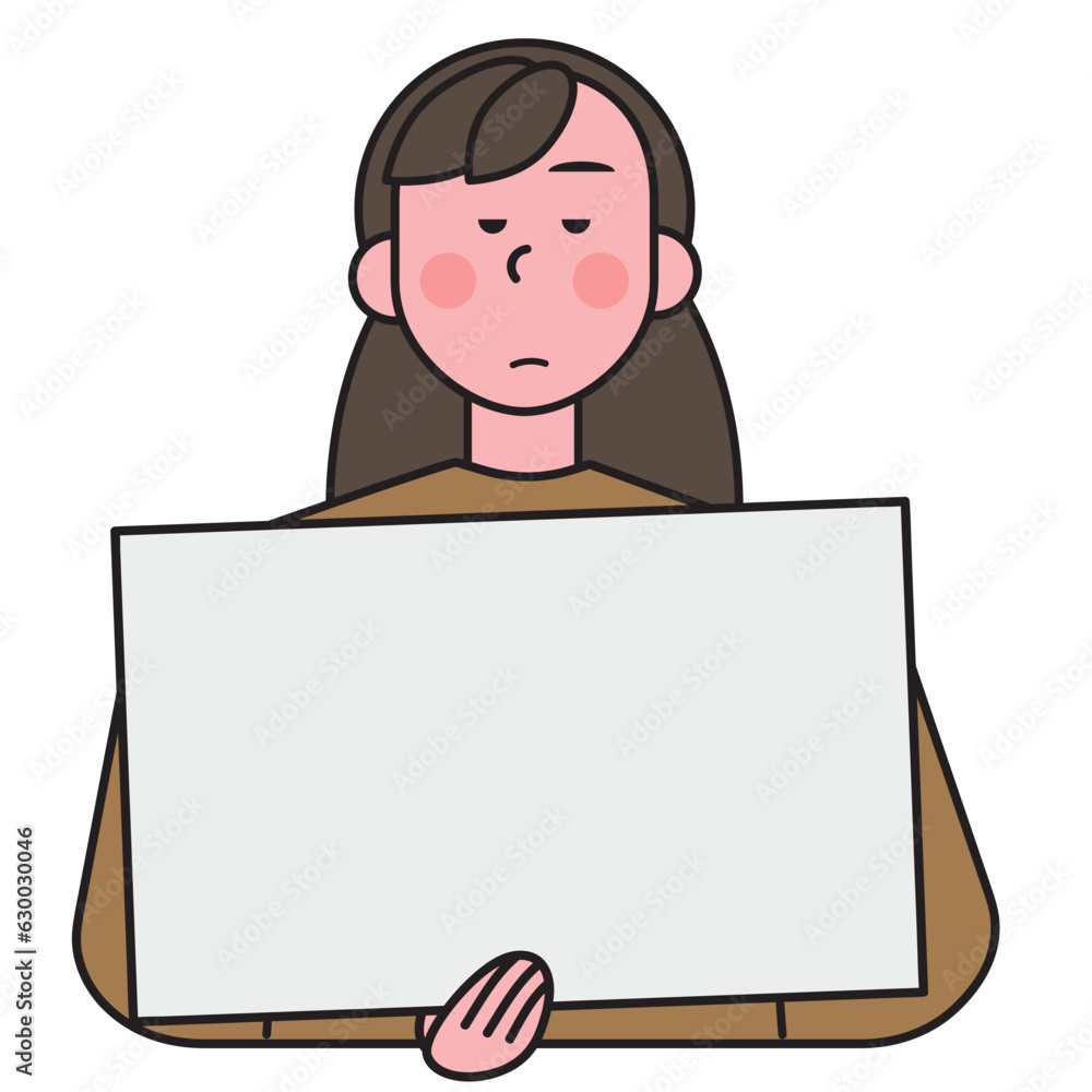 Woman holding a sign with various emotions Woman holding a sign with various emotions