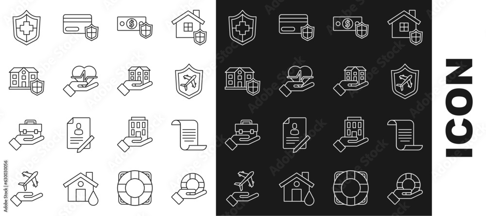 Set line Lifebuoy in hand, Document with shield, Plane, Money, insurance, House, and icon. Vector Set line Lifebuoy in hand, Document with shield, Plane, Money, insurance, House, and icon. Vector