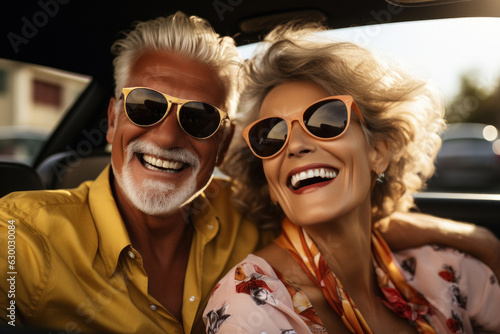 Stylish senior duo looks fabulous enjoying ride in car off to sunny beach destination, feeling relaxed carefree. Fictional people.