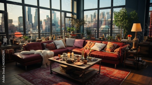 A living room with a couch, a coffee table, and a large window