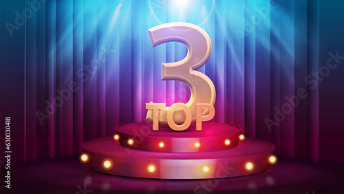 Top 3, banner with red podium with award, bulb lights and spotlight on background with curtain