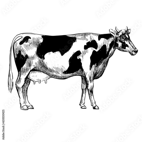 Cow sketch vintage animal black and white vector realistic illustration.