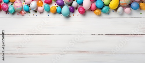 A vibrant Easter banner with a dual Easter egg border on the sides, placed on a white wood background.