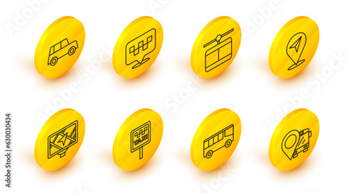 Set line Location with bus, Bus, Road sign for taxi stand, Gps device map, Cable car, and Car icon. Vector