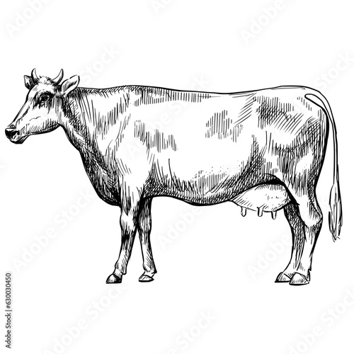 Cow sketch vintage animal black and white vector illustration.