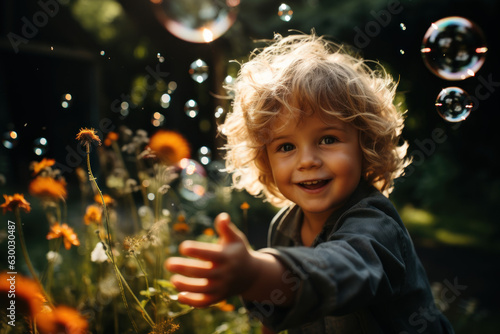 Smiling little kid playing with soap bubbles in the garden on a sunny day