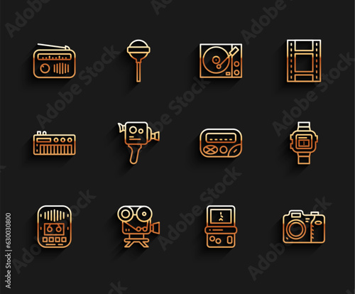 Set line Cassette tape player, Retro cinema camera, Radio with antenna, Tetris, Photo, Wrist watch and Pager icon. Vector photo