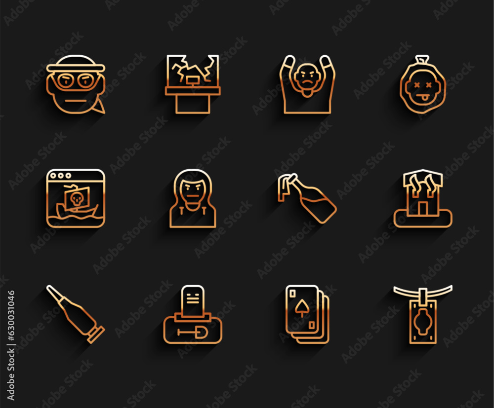 Set line Bullet, Grave with tombstone, Bandit, Playing cards, Money laundering, Thief mask, Arson home and Cocktail molotov icon. Vector Set line Bullet, Grave with tombstone, Bandit, Playing cards, Money laundering, Thief mask, Arson home and Cocktail molotov icon. Vector