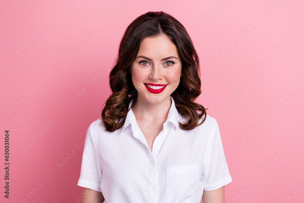 Photo of cheerful good mood young lady wear white shirt smiling white teeth isolated pink color background Photo of cheerful good mood young lady wear white shirt smiling white teeth isolated pink color background